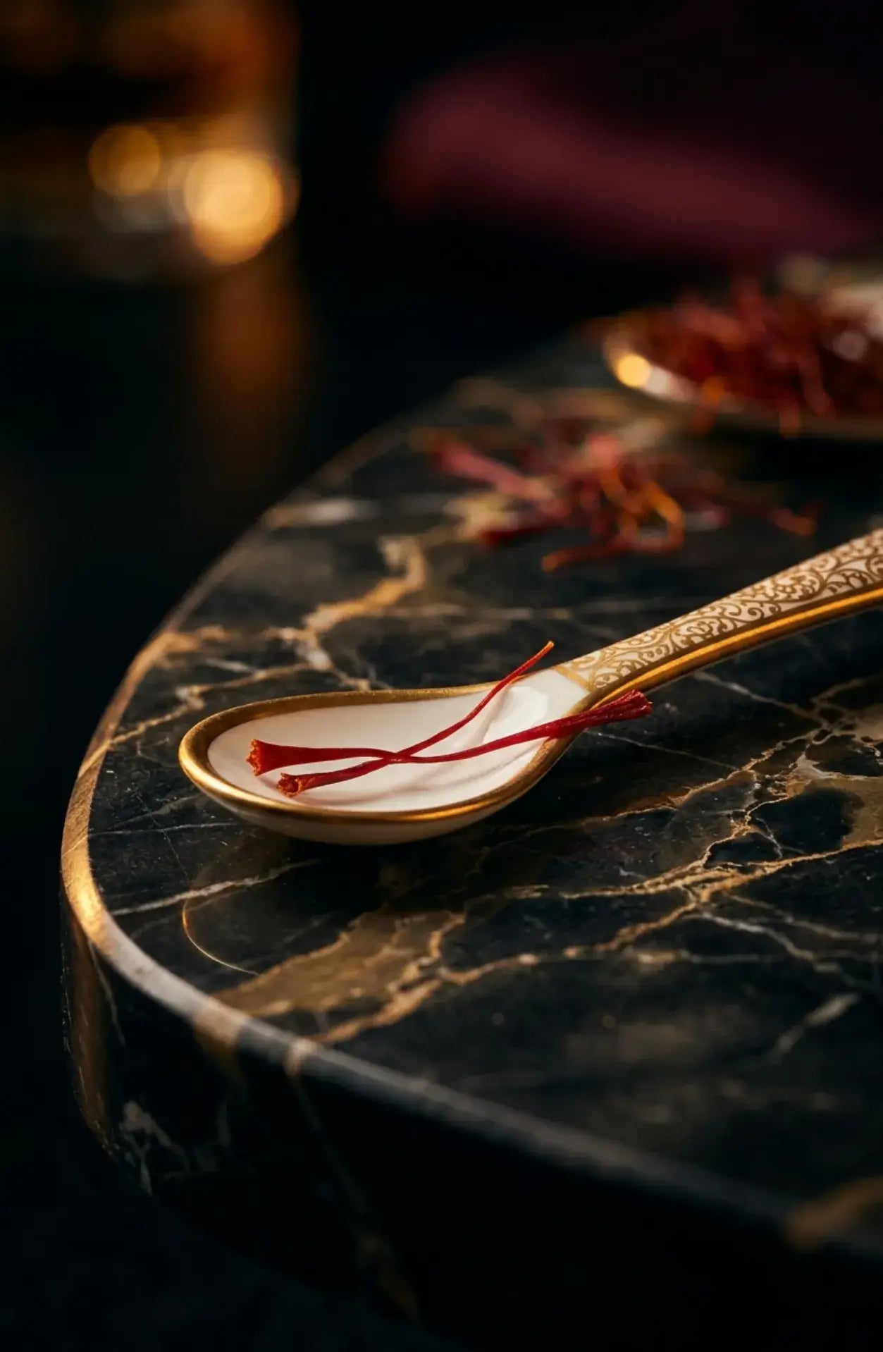 Filaments de safran Negin d’Iran déposés dans une cuillère pour illustrer le dosage en cuisine.