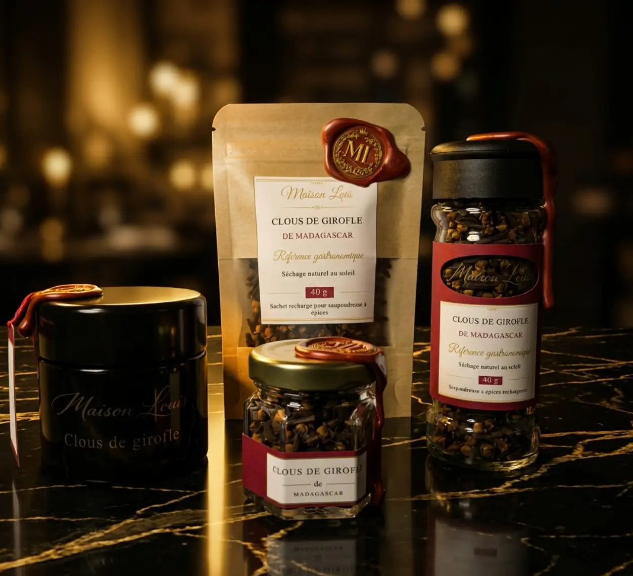Gamme complète de clous de girofle de Madagascar Maison Loïs, avec pot noir, pot en verre, sachet recharge et saupoudreuse.