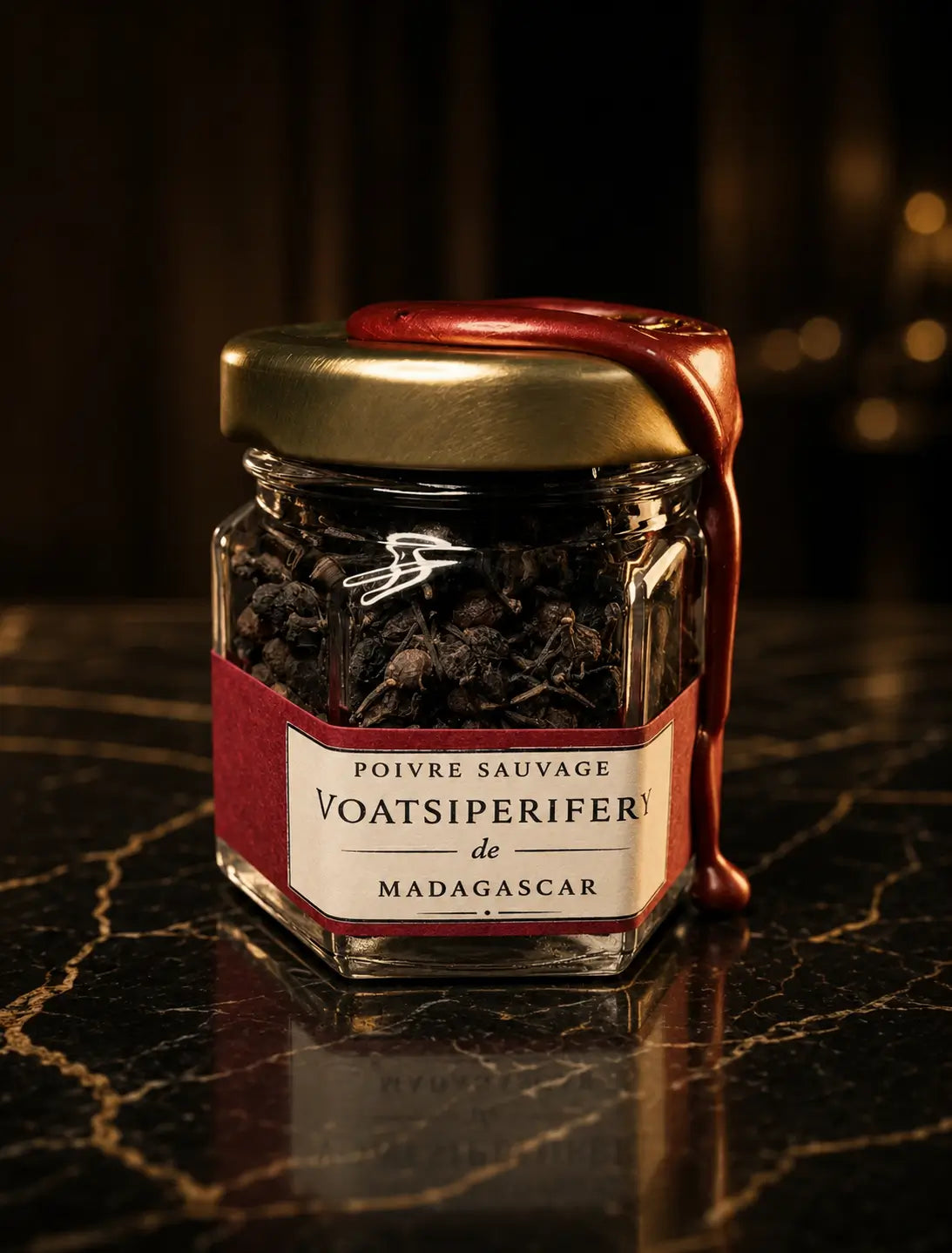 Pot de Poivre Sauvage Voatsiperifery de Madagascar du Pack Sélection Signature Maison Loïs, grains rares en décor gastronomique luxueux.