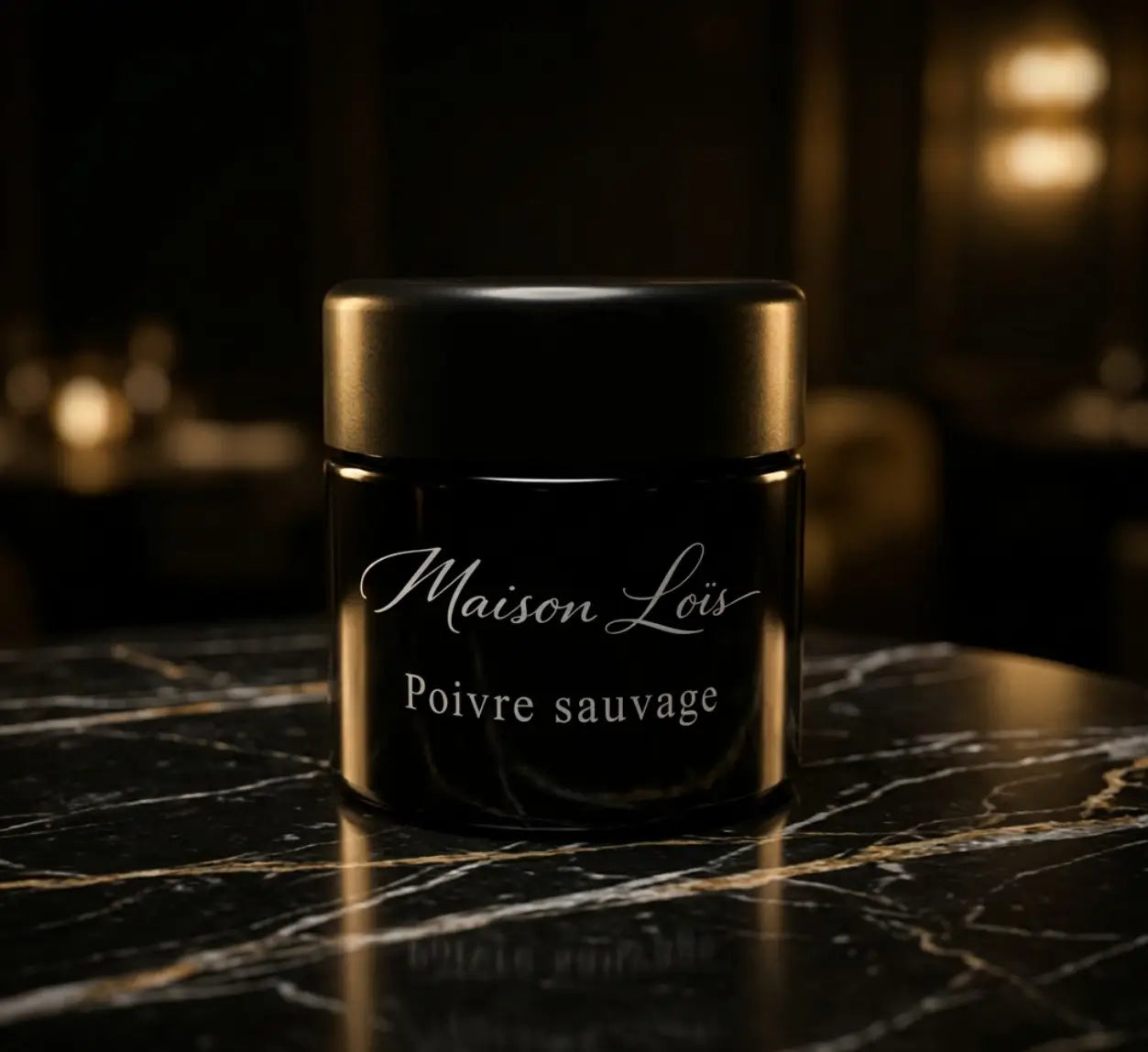 Pot noir Maison Loïs pour poivre sauvage, en verre biophotonique avec gravure personnalisée.