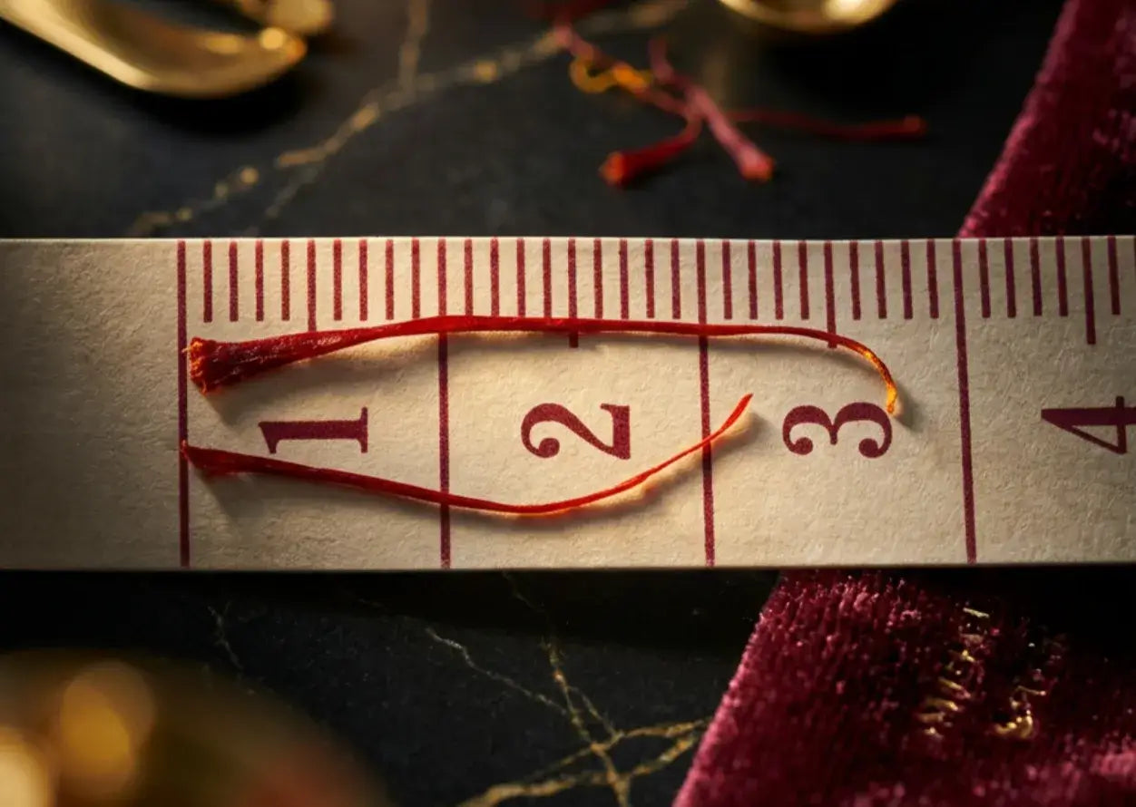 Filaments de safran Mongra 2,5–3 cm sur ruban à mesurer — Maison Loïs, Suisse.
