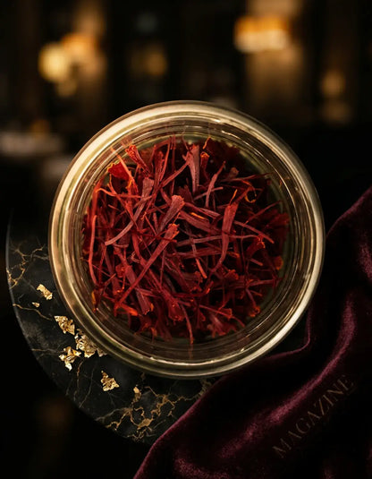 Safran Mongra 1 g en pot de verre — Maison Loïs Suisse, photo luxe sur marbre noir et velours bordeaux.